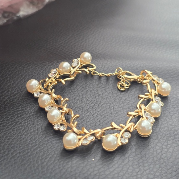 Gold Tone Charm Bracelet with White Pearls, Crystals, and Dangle Beads - Picture 2 of 3